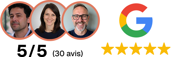 Logo Google Reviews avec les visages de certains clients et une note de 5/5 sur 30 annonces.