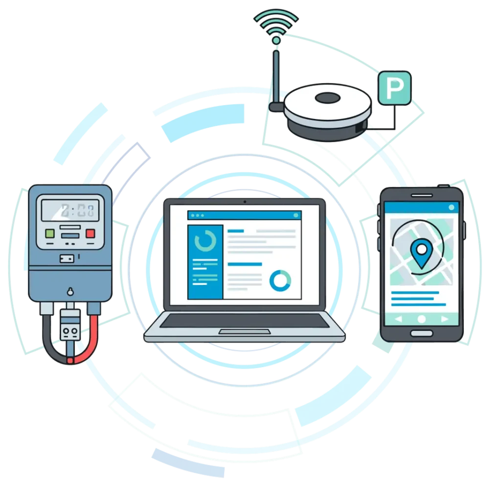 ordinateur connecté aux compteurs électriques et aux bornes de stationnement