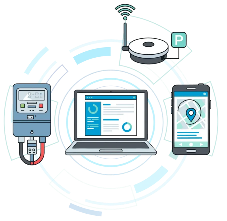 Solutions connectées 1 ordinateur connecté aux compteurs électriques et aux bornes de stationnement