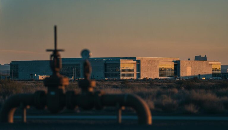 Un grand data center moderne au Texas au crépuscule, alimenté par une centrale au gaz pour garantir sa fiabilité énergétique.