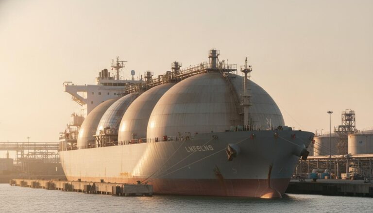 Un méthanier de GNL à quai, illustrant l'enjeu de la sécurité d'approvisionnement en gaz pour l'Europe et l'alerte de l'AIE.