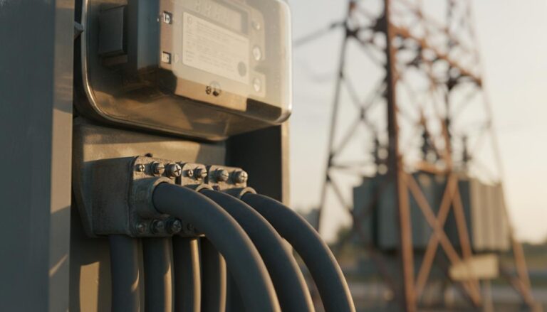 Compteur électrique industriel illustrant le mécanisme du Versement Nucléaire Universel (VNU) pour les entreprises.